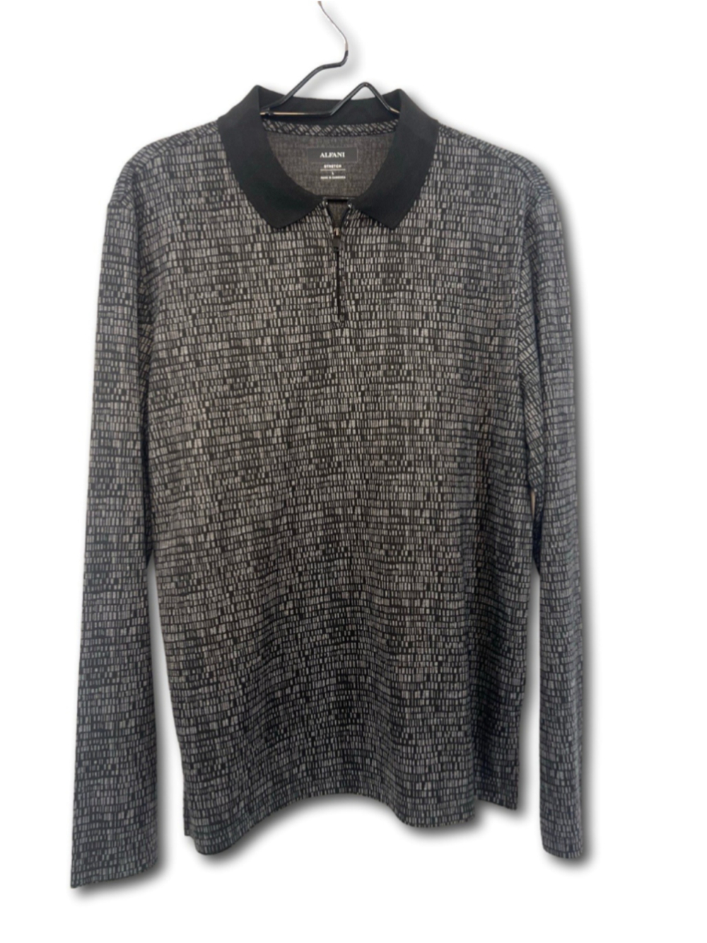 Alfani Long Sleeve Polo Shirt Partial Zipper Black Gray Micro Pattern Men’s L